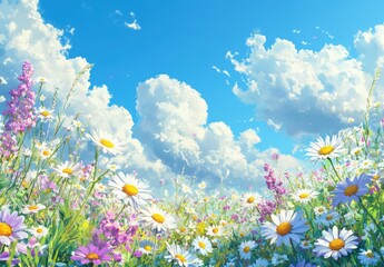 Vibrant Wildflower Meadow Under a Bright Blue Sky with Fluffy Clouds, Capturing the Essence of Nature in Full Bloom, Ideal for Spring and Summer Themes