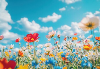 Fototapeta premium Vibrant Wildflower Meadow Under a Bright Blue Sky with Fluffy Clouds, Showcasing a Lush Array of Colorful Blossoms in Spring and Summer Days