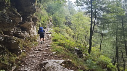 Fototapeta premium Hiker Trekking Through Mountainous Forest Trail