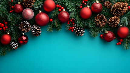 Festive Holiday Decorations: Ornaments, Pine Cones, and Greenery on Teal