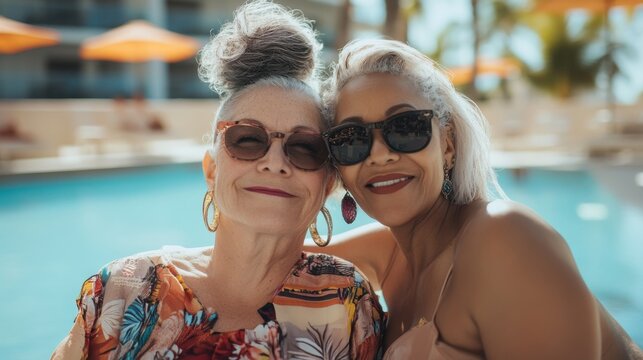 Two senior women wearing sunglasses and smiling by the poolside - Powered by Adobe