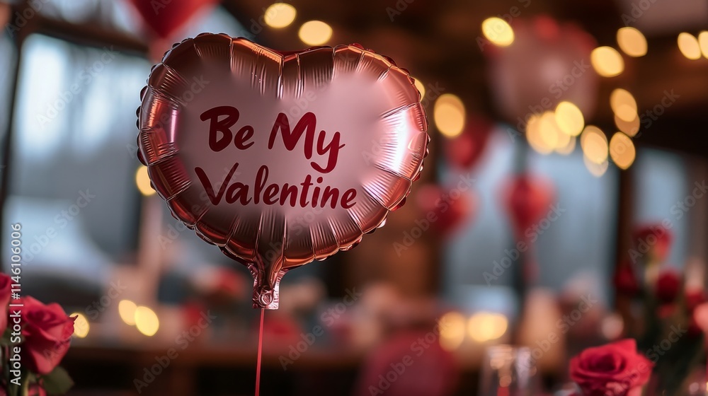 Poster a heart-shaped balloon with the message be my valentine is displayed prominently in a romantic dinin