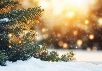 Winter Scene with Snow-Covered Evergreen Tree Branches and Warm Glowing Bokeh Highlights during a Beautiful Sunset in a Peaceful Outdoor Setting