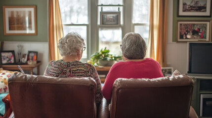 Fototapeta premium Two senior women relaxing and conversing in living room