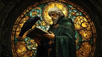 Naklejka premium A masterful stained-glass artwork of Saint Benedict, holding his rulebook with a raven, radiant green and gold hues glowing brightly, intricate celestial and gothic patterns framing the divine scene,