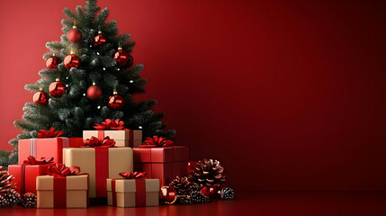 Red Christmas Tree with Gifts & Ornaments