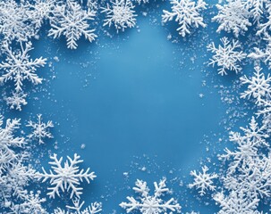 Winter Wonderland Background with White Snowflakes on Blue Surface, Ideal for Holiday Designs, Seasonal Greetings, and Festive Celebrations