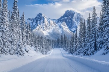 Obraz premium Winter Wonderland Road Through Snowy Pine Forest with Majestic Mountain Peaks Under Bright Blue Sky and Soft, Fluffy Clouds in Beautiful Scenic Landscape