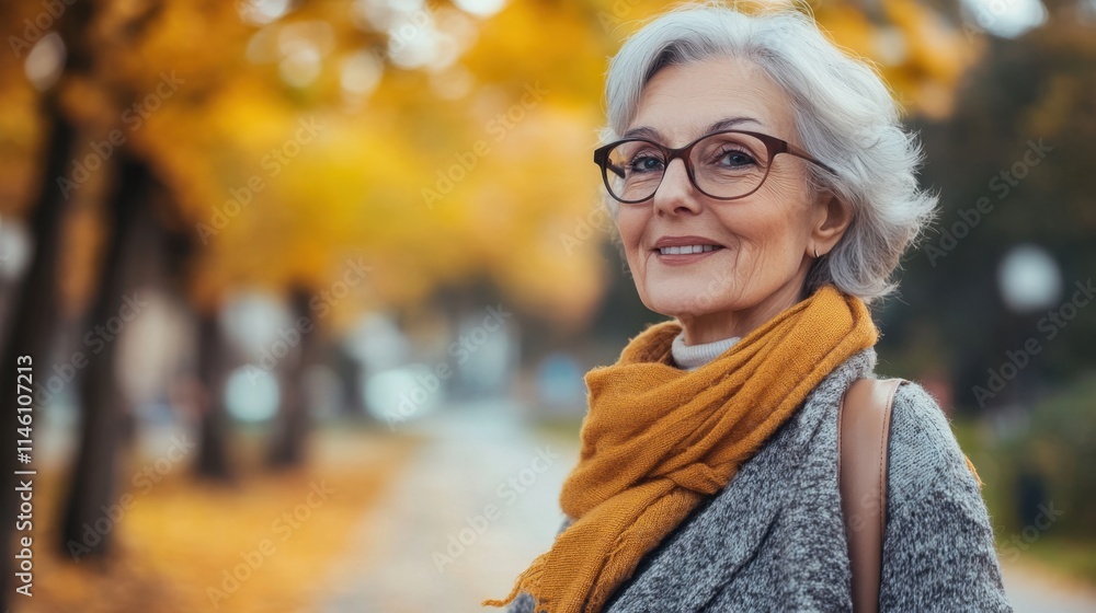 Wall mural Senior woman enjoying autumn colors in a park