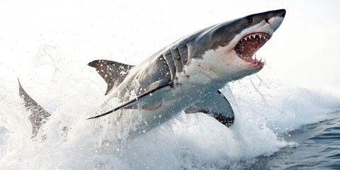 Fototapeta premium white shark in mid attack, mouth open in sea