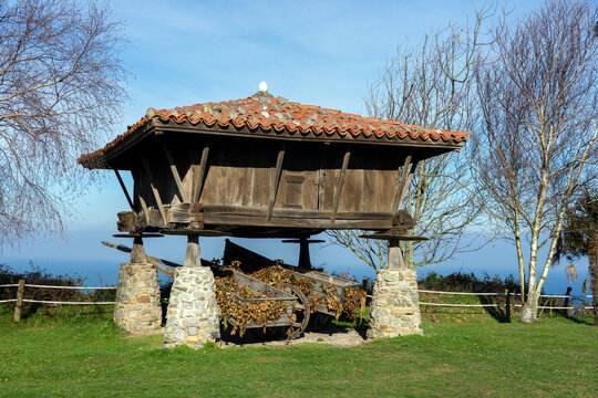Typical Asturian horreos in Cadavedo, Asturias, Spain