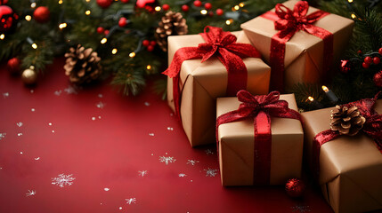 Wrapped Gifts with Red Ribbons on Red Background