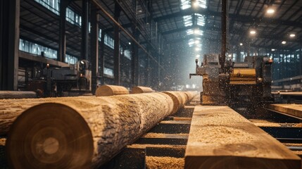 Fototapeta premium A modern teak factory with high-precision cutting machines slicing large teak logs, sawdust in the air, and bright LED lighting illuminating the workspace.