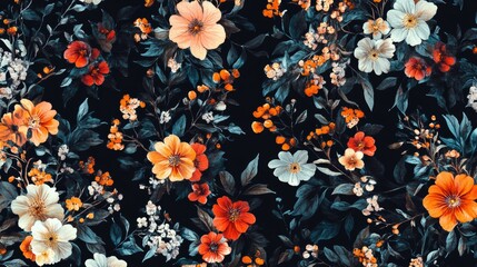 Unusual Floral summer seamless pattern. flowers on a black background. Template for fabrics, textiles, paper, wallpaper, interior decoration. Vintage