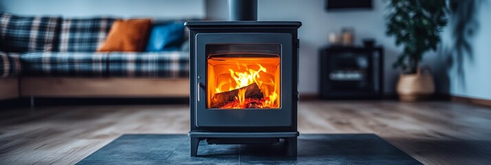 Modern Wood Burning Stove with Burning Fire. Warm, Cozy Living Interior on Cold Winter Day
