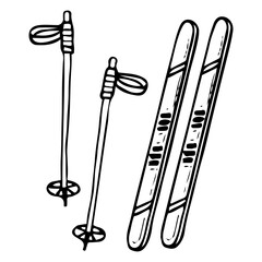 Skis and poles hand drawn doodle. Downhill. Sports equipment. Long runners for riding on snow. Ski resort. Winter games tool. Vacation. Vector line art illustration.