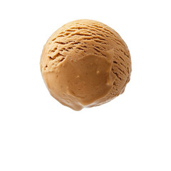 Obraz premium Extreme front view of a hyperrealistic single ball of caramel fudge ice cream levitating in mid-air isolated on a white transparent background