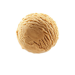 Fototapeta premium Extreme front view of a hyperrealistic single ball of caramel fudge ice cream levitating in mid-air isolated on a white transparent background