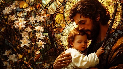 A masterful stained-glass artwork of Saint Joseph holding baby Jesus, the staff of lilies glowing in radiant golden light, warm earthy tones of gold and brown enhancing the serene moment,