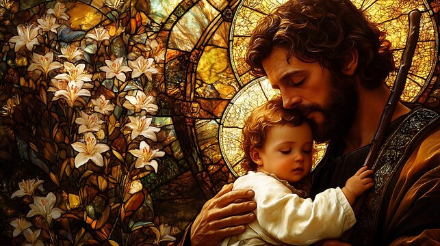 A masterful stained-glass artwork of Saint Joseph holding baby Jesus, the staff of lilies glowing in radiant golden light, warm earthy tones of gold and brown enhancing the serene moment,