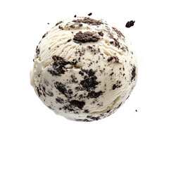 Extreme front view of a hyperrealistic single ball of cookies and cream ice cream levitating in mid-air isolated on a white transparent background
