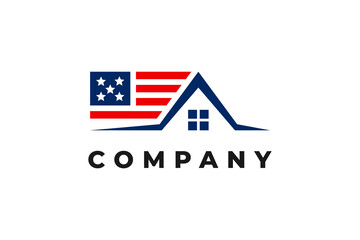 usa flag house home roof real estate five star modern logo