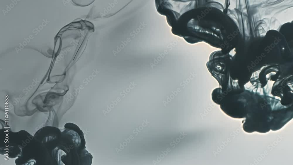 Poster tilt video reveals black ink splatters pooling on gray, showing slow, steady ink accumulation with s