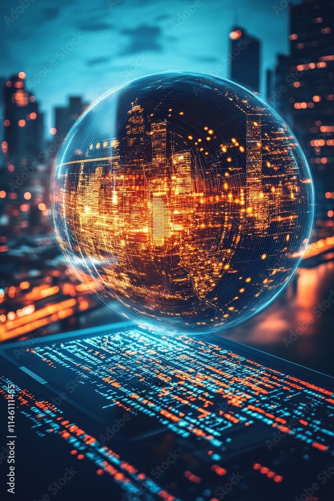 Poster tech innovation a cityscape reflected in a glowing sphere hovers over futuristic code display.