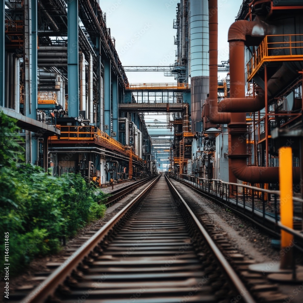 Poster a train track with a yellow and orange pipe in the background