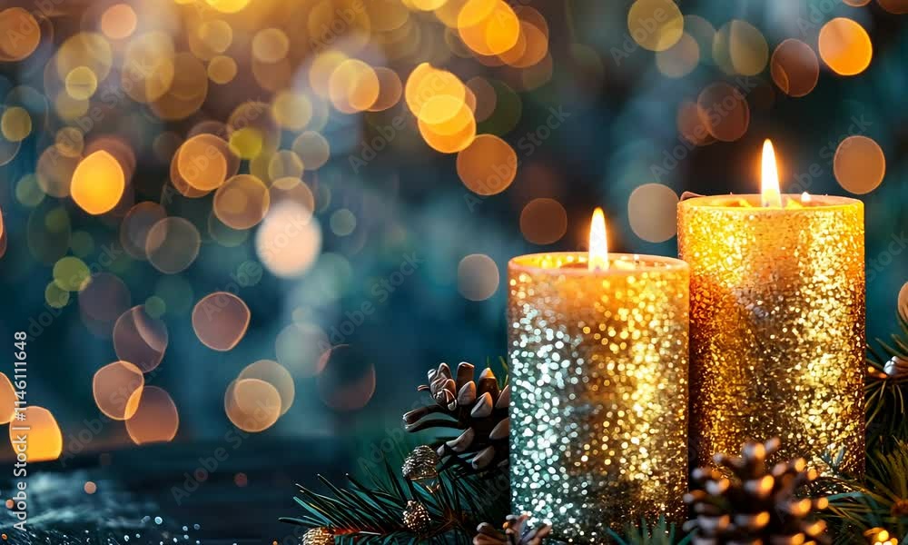 Poster lit candles with bokeh light background and pine branches