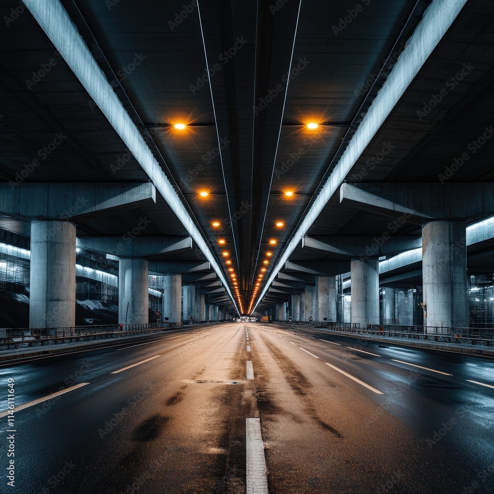 Poster a long, empty highway with a few lights in the middle