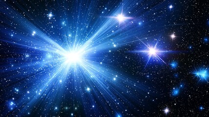 Photorealistic image of a glowing pulsar with beams of light radiating into the vast darkness of space
