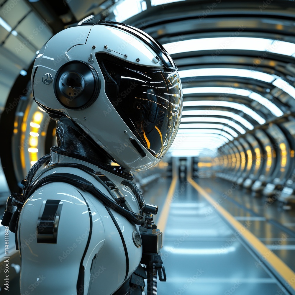Poster A robot astronaut is standing in a tunnel