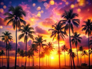 Obraz premium Island paradise sunsets captured in dreamy bokeh: beaches, palms, nature's vibrant masterpiece.