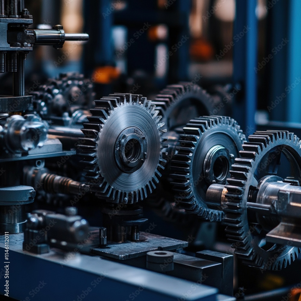 Poster a machine with many gears is shown in a factory