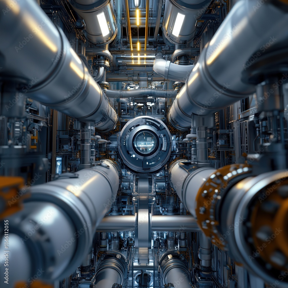 Poster a futuristic image of a large pipe with a small, glowing object inside