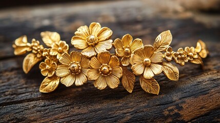 Exquisite Golden Floral Hairpiece on Rustic Wooden Surface