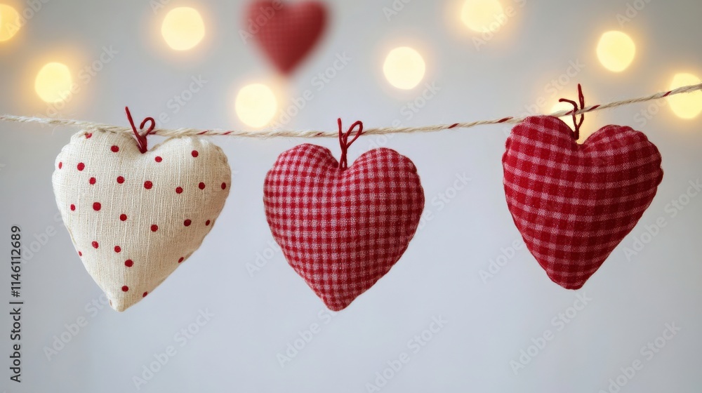 Aufkleber decorative fabric hearts on string with twinkling lights in soft background for romantic or valentin