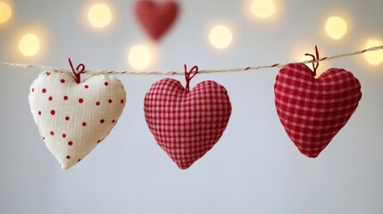 Decorative Fabric Hearts on String with Twinkling Lights in Soft Background for Romantic or Valentine&rsquo;s Day Themes in Home Decor and Craft Projects