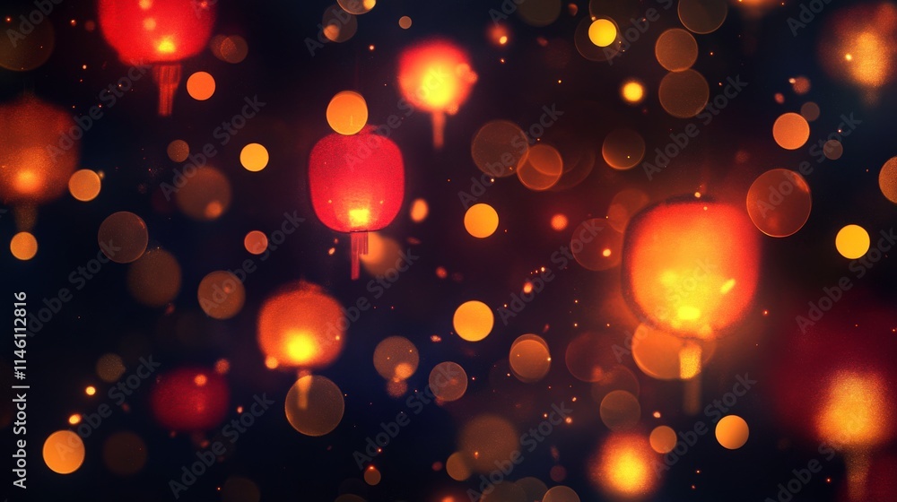 Poster enchanting night sky filled with floating lanterns and glowing bokeh lights, creating a dreamy atmos