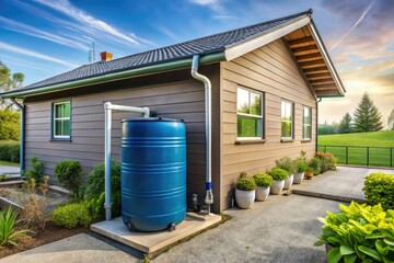 Home rainwater harvesting system: rectangular tank with filtration and overflow ensures efficient water collection.