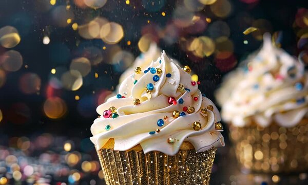 Cupcake with white frosting and colorful sprinkles in glittery wrapper
