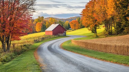 Fototapeta premium Serene vermont countryside road in autumn season with vibrant fall foliage, rolling hills, and rustic rural landscape
