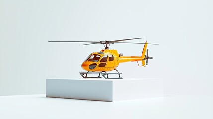 A detailed model of a yellow helicopter displayed on a pedestal in a minimalist setting.