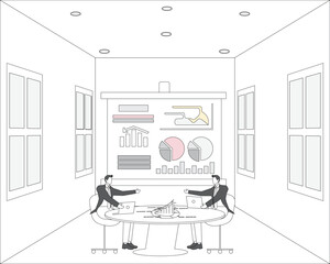Group of businessmen in conference room discussing, data analysis, team management