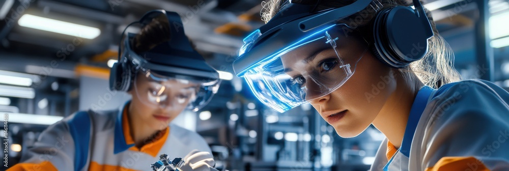Aufkleber Engineers in a modern factory using augmented reality for precision assembly