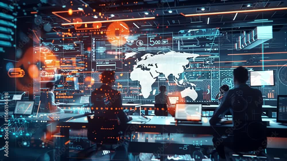 Poster software engineers and developers are working in a modern monitoring office with a global map displa