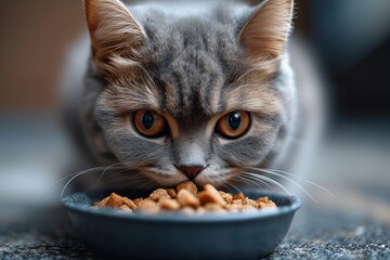 Grey cat is eating food from a bowl at home