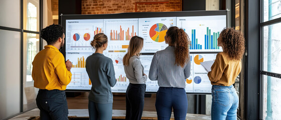 Team collaboration during a data presentation in a modern office setting with analytics displayed on screens