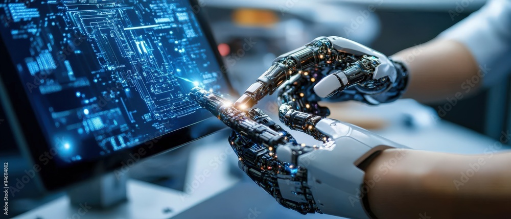 Poster Engineers calibrating a new type of AI-controlled robotic arm